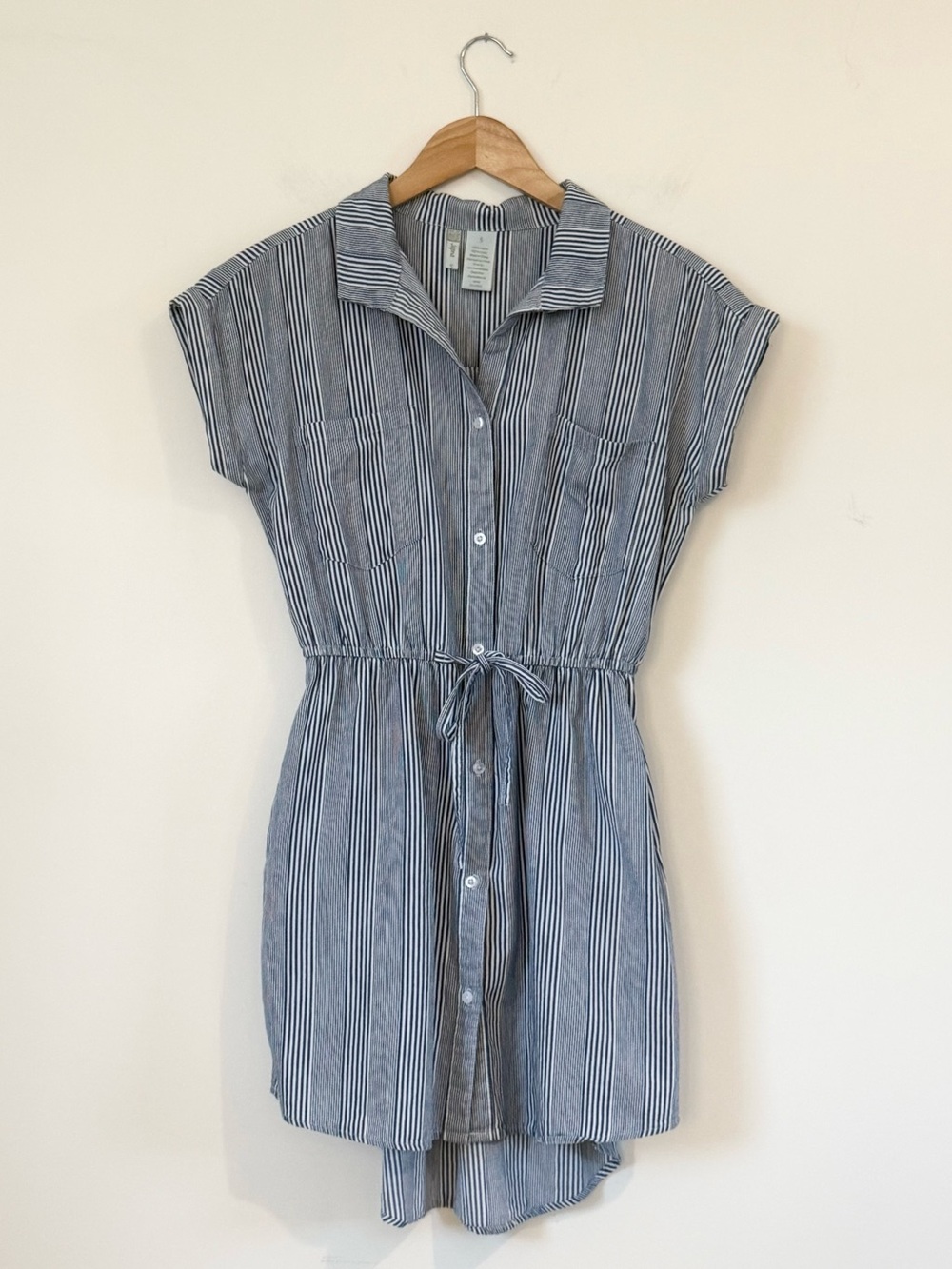 Classic Preppy 100% Cotton Striped Shirt Dress Blue White Drawstring Waist